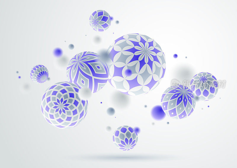 抽象的球体矢量背景，用图案装饰的飞行球组成，用装饰的3D混合各种逼真的球体，逼真的景深效果。