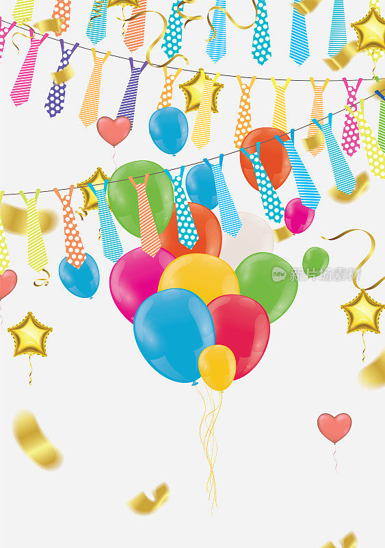 气球的各种颜色矢量插图彩色的纸屑，花环和streamers在聚会或狂欢使用的背景，元素的乐趣卡