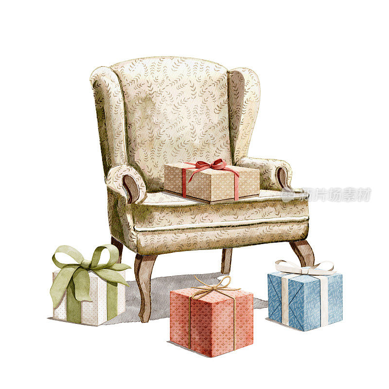 水彩扶手椅与生日礼物礼盒