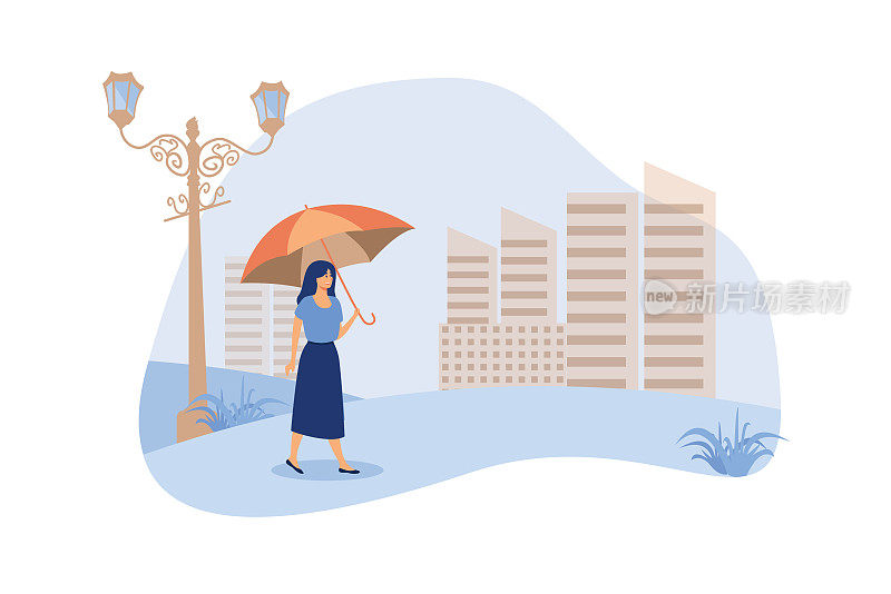 少女用橙色的伞平矢量插画。雨天在公园散步的妇女。背景是城市建筑。下雨的季节。秋天和景观的概念。