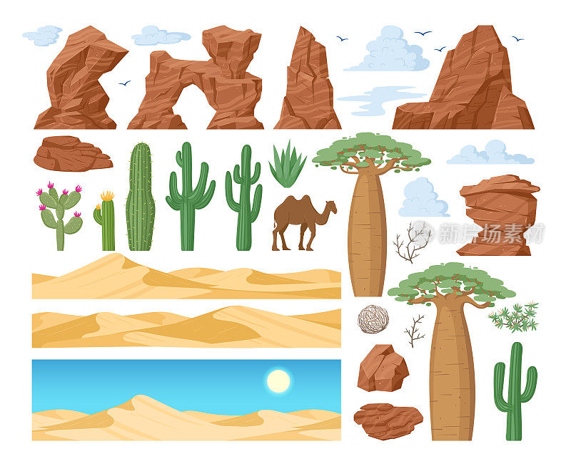 卡通沙漠沙丘，岩石，猴面包树，仙人掌和c。莫哈韦沙漠沙石和多肉植物，西部沙漠平坦矢量符号集。自然峡谷景观元素