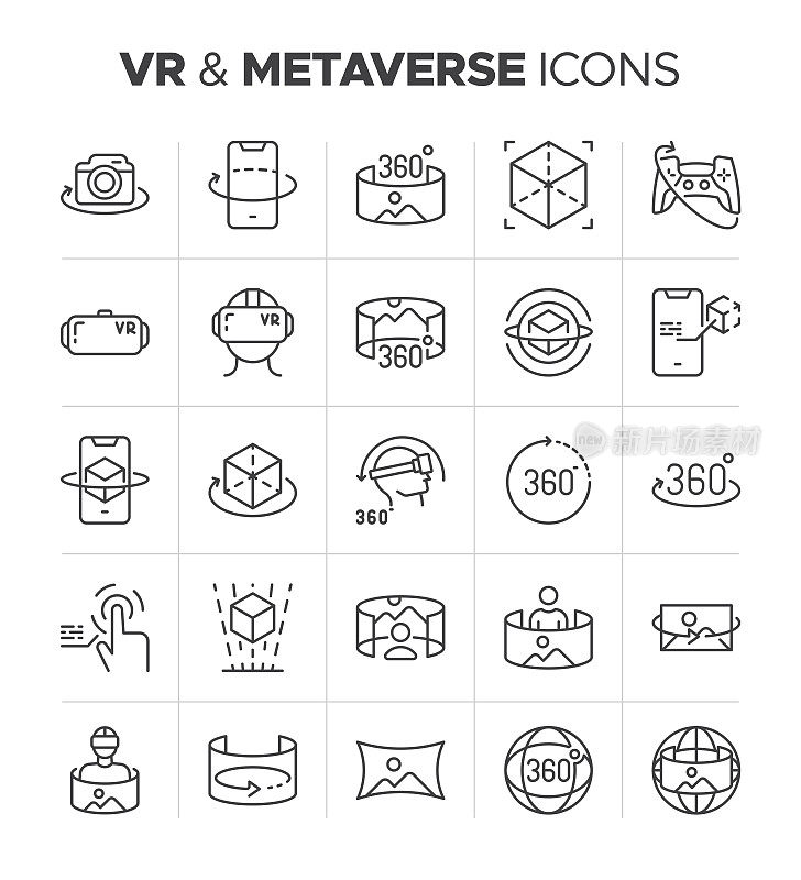 VR图标集和元宇宙图标。虚拟现实、AR和VR头盔相关符号。虚拟现实和增强现实的轮廓向量。直线360度符号。三维仿真，计算机视觉和技术矢量