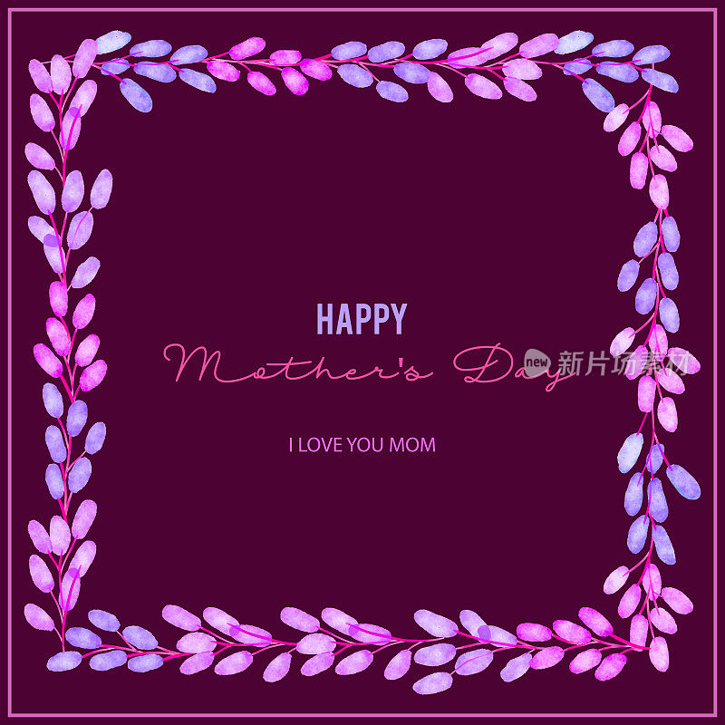 母亲节快乐,蓝色和紫色浆果花环背景。精致的花束与紫色,粉色,蓝色的花排列形成一个欢快的框架,贺卡,广告,横幅,传单和传单。几何植物矢量设计框架。