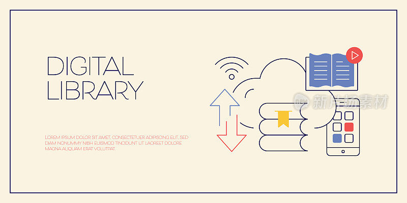 用线条图标设计数字图书馆。互联网，电子书，连接，教育。