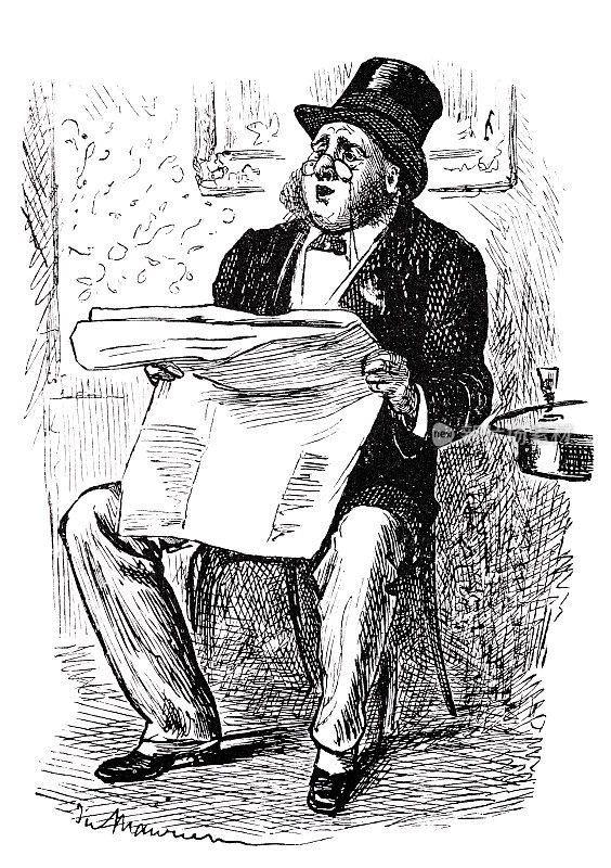 戴着风筒帽的男人坐在椅子上看报纸，戴着眼镜和胡须