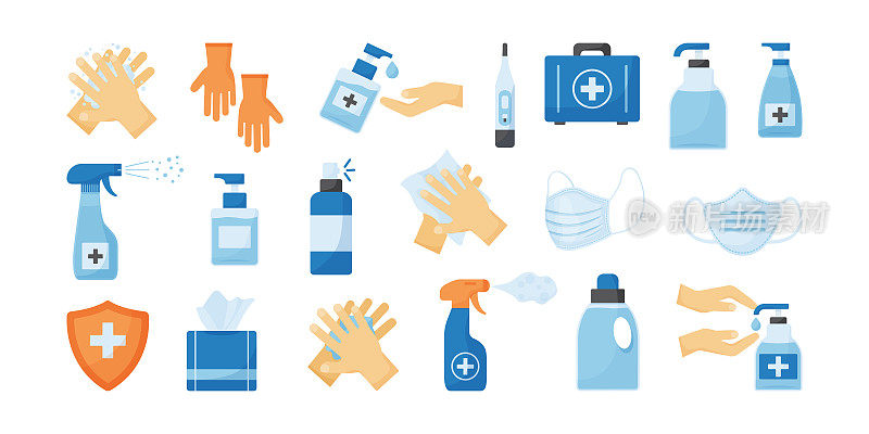 医疗矢量图标。卫生。消毒凝胶瓶。酒精喷雾和肥皂、杀菌套装、抗菌液、防护口罩、手套、湿巾。PPE。卫生保健