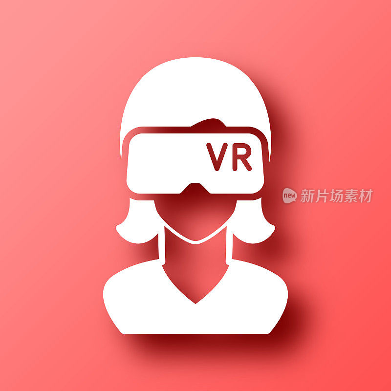 戴着VR头盔的女人――虚拟现实。图标在红色背景与阴影