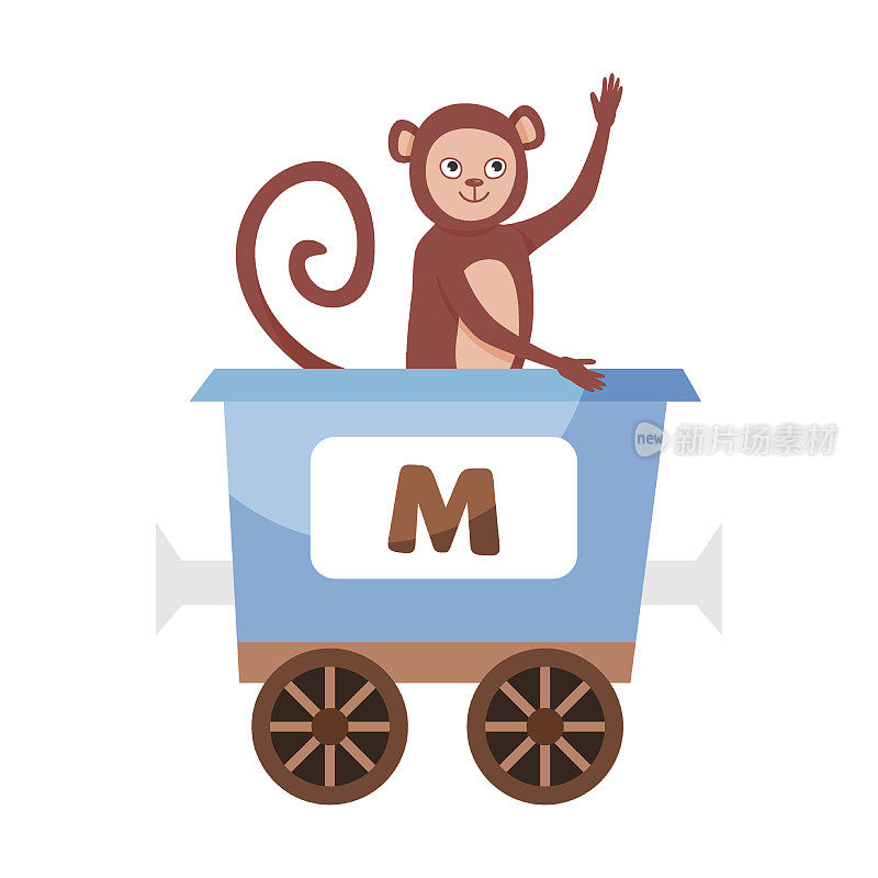 字母M，猴子。可爱的动物在五颜六色的字母火车。学前儿童学习玩具的矢量插图。卡通动物坐在交通工具上