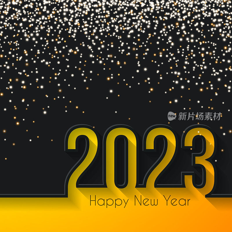 2023年新年快乐，金色闪光-黑色背景