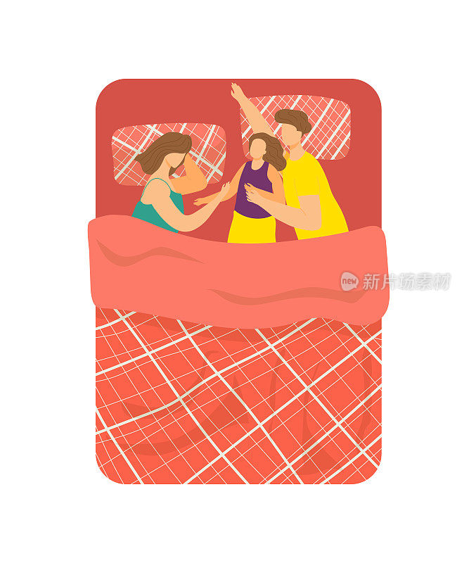 年轻的家庭里爸爸，妈妈和男孩睡在一起，舒适柔软的床垫床卡通矢量插画，孤立的白色。