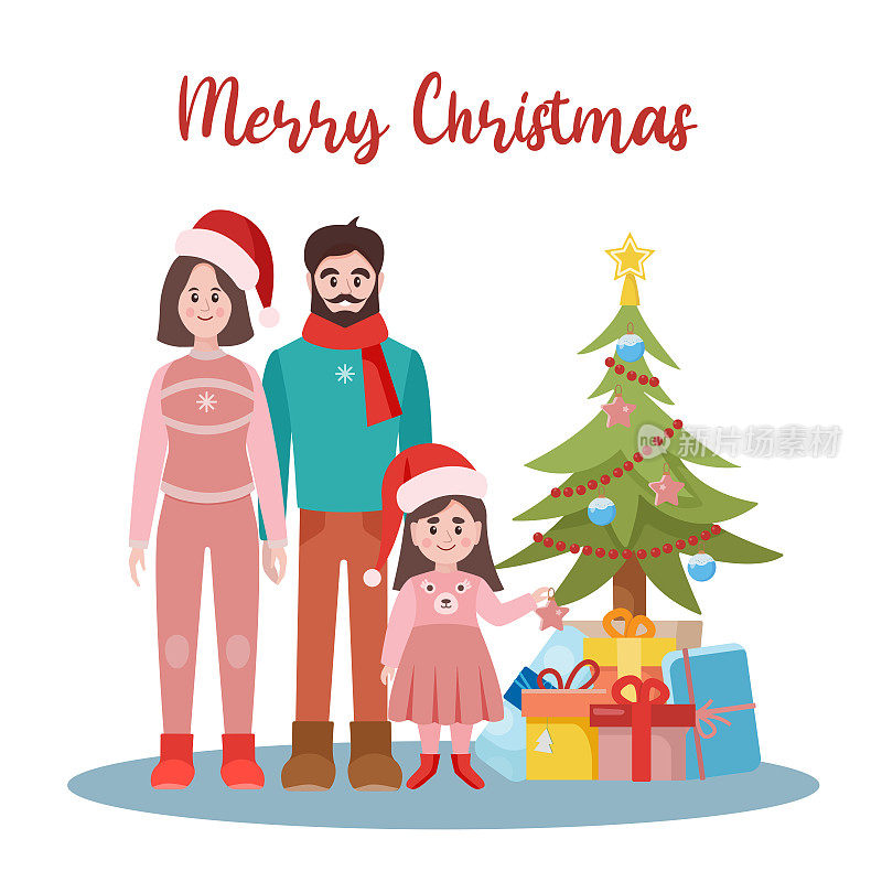 快乐的家庭在圣诞树旁，拿着礼物。爸爸、妈妈和孩子装饰圣诞树。圣诞快乐，新年快乐。矢量插图在卡通风格。