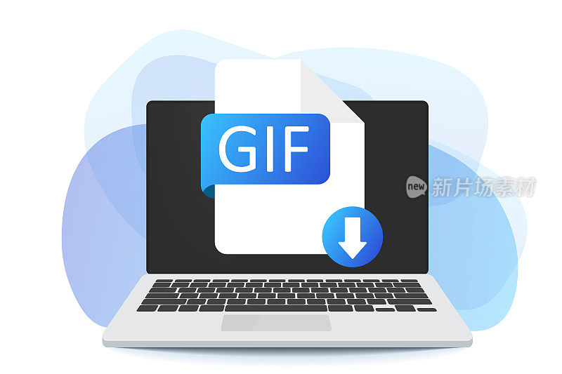 在笔记本电脑屏幕上下载GIF按钮。下载文档概念。GIF标签和向下箭头符号。矢量股票插图。