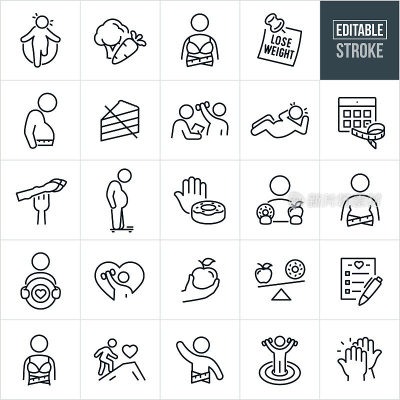 节食细线图标-可编辑的中风-图标包括节食,减肥,减肥,超重,超重的人,健康的生活方式,健康的饮食,锻炼