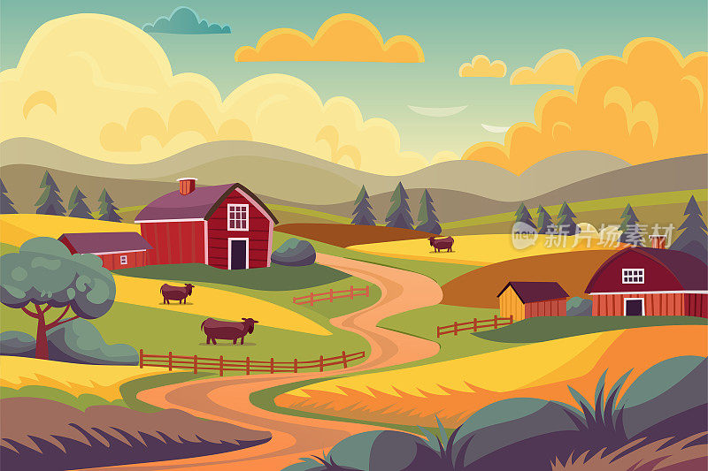 乡村景观插图为背景。农舍和谷仓，奶牛在田野里吃草。