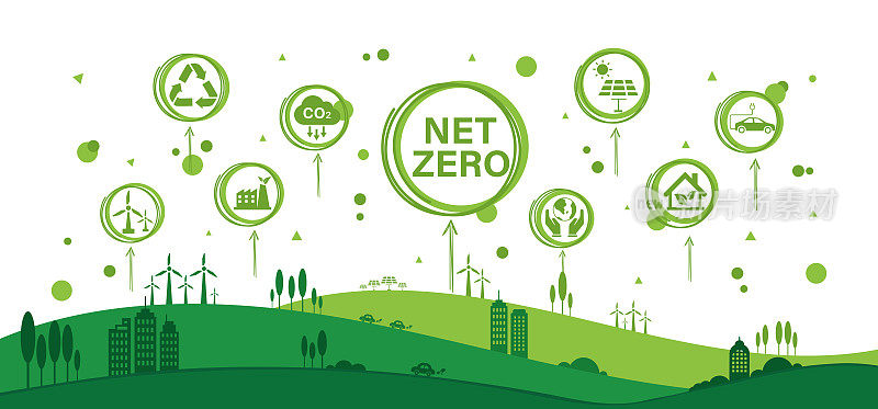 净零和碳中和概念。温室气体净零排放目标。气候中性长期战略与绿色净零图标和绿色图标绿色圆圈涂鸦背景。