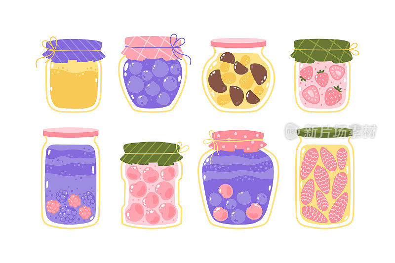 可爱的一套矢量玻璃罐与果酱果酱，果酱和果冻隔离在白色背景