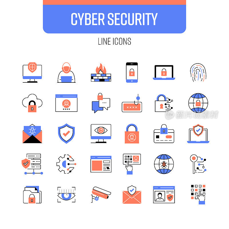 网络安全线图标集。可访问性，黑客，网络钓鱼，网络犯罪，在线隐私