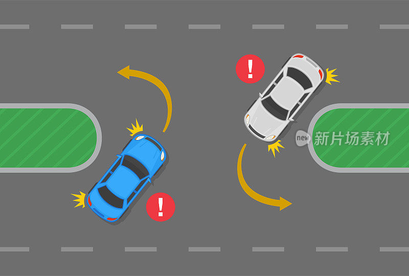 安全汽车驾驶技巧和交通规则。道路上u型转弯位置错误。有中位数时左转。