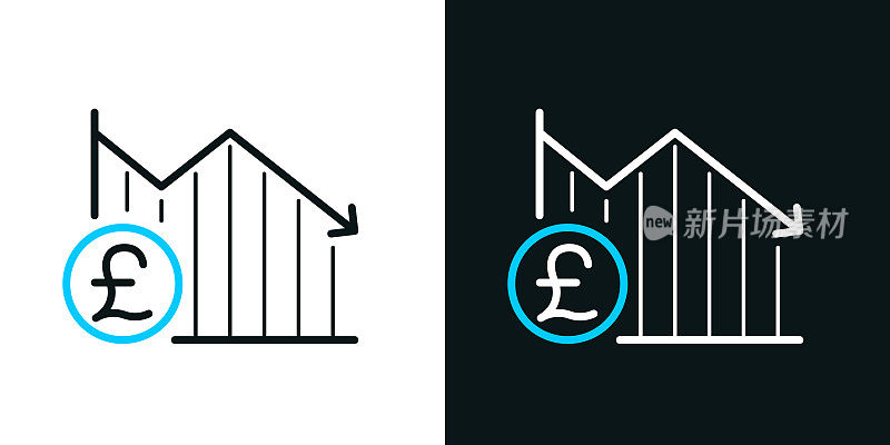 英镑硬币衰退图。黑色或白色背景上的双色线条图标-可编辑笔触
