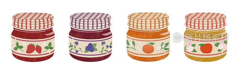 一套四种果酱的插图:草莓、蓝莓、橘子酱和苹果。