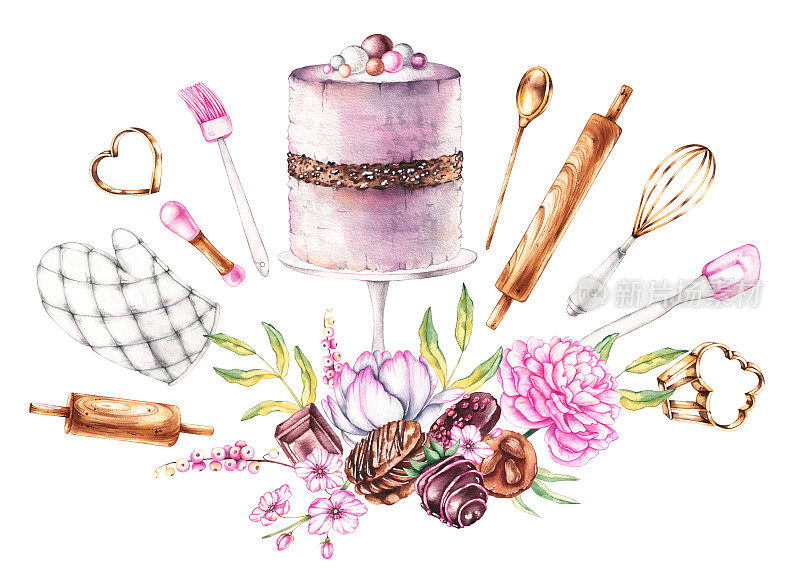 水彩画组的甜点，烘焙工具，鲜花在白色的背景