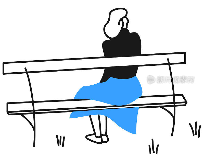 坐在长凳上的女人。悲伤，抑郁，思维概念矢量插图
