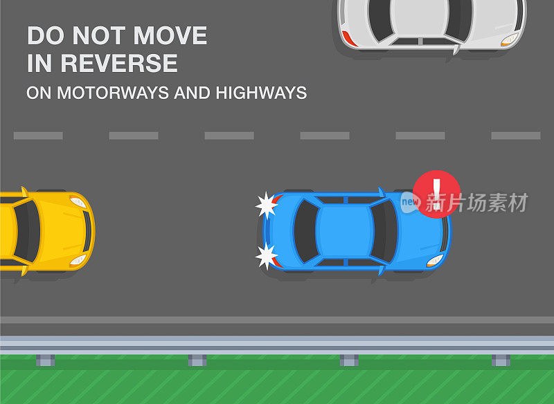 高速公路、高速公路、高速公路的交通规则。在高速公路和高速公路上不要倒车。蓝色轿车在高速公路上倒车。前视图。