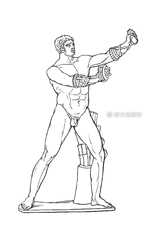 古代拳击手的雕像，他有最强壮的拳头盔甲