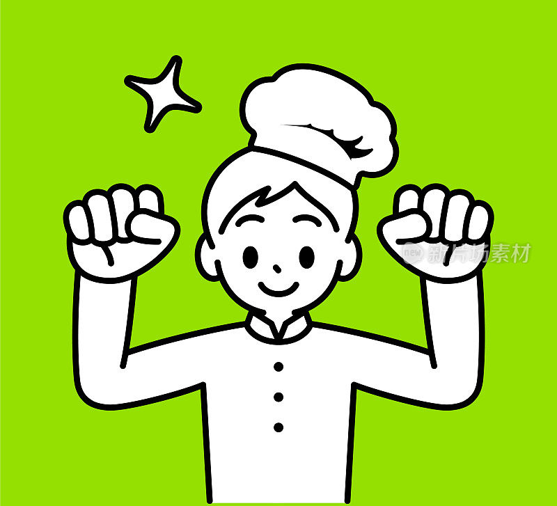 一个戴着厨师帽、穿着制服的男孩正弯曲着他的二头肌，展示着他的力量，看着观众，极简主义风格，黑白轮廓