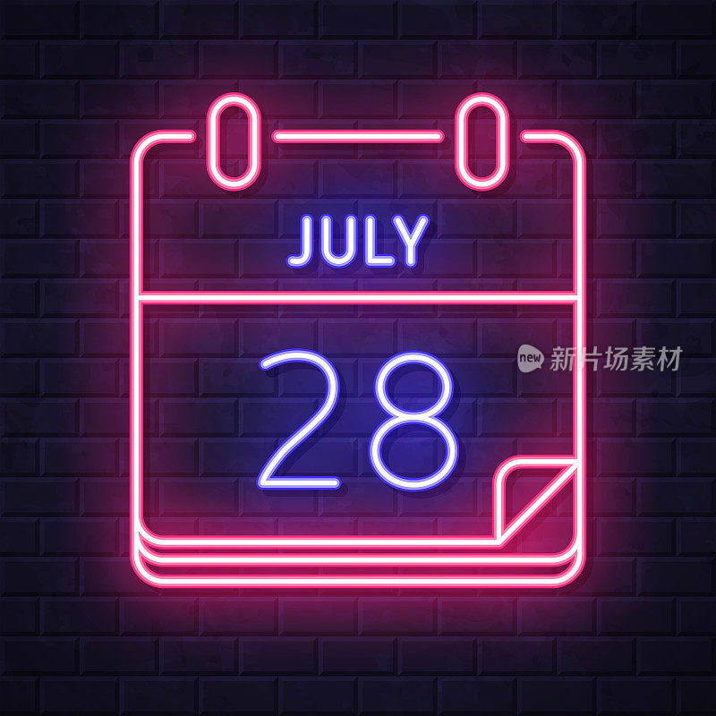 7月28日。在砖墙背景上发光的霓虹灯图标