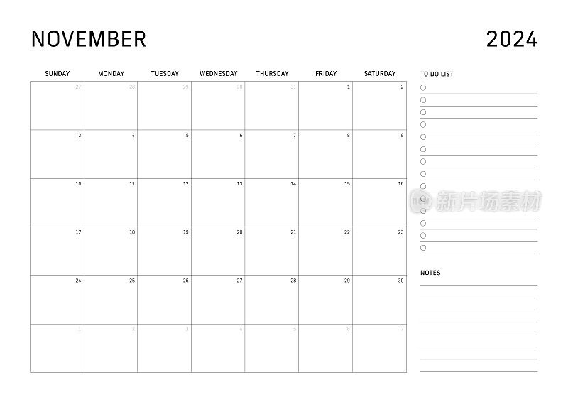 周日开始2024年11月的月历，包括待办事项清单和笔记