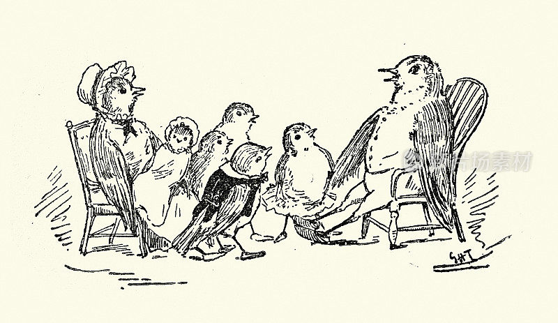 打扮成人类的鸟类家族，维多利亚时代儿童读物插图，19世纪