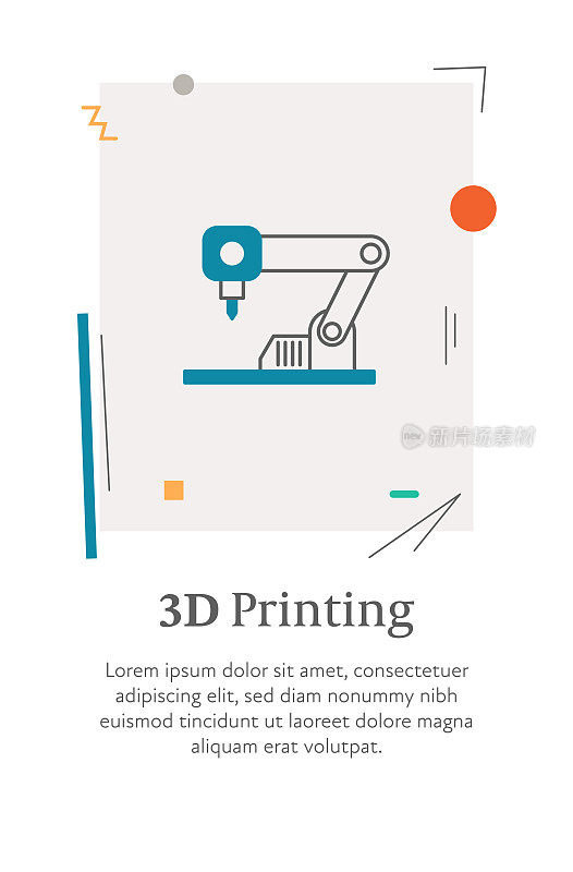 具有可编辑笔画的3D打印机图标，放置在样式垂直的网页横幅上。