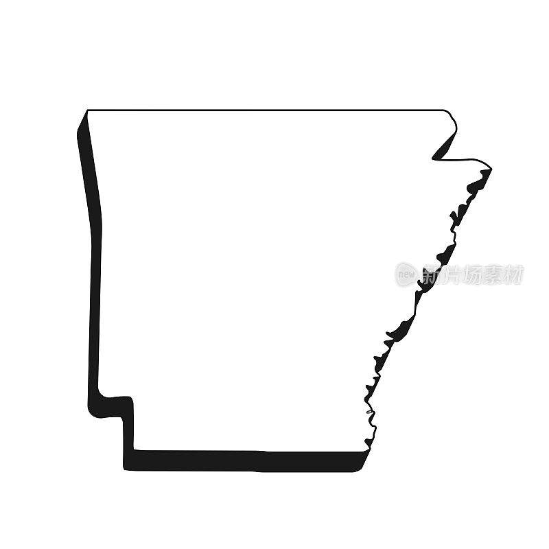阿肯色州地图，黑色轮廓，白色背景上的阴影