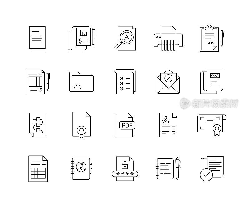 文档行图标集与可编辑的笔画