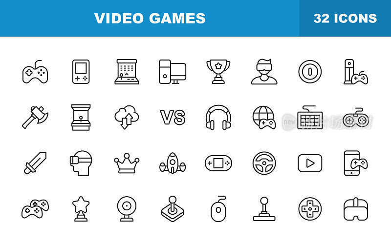 视频游戏线图标。可编辑的中风。包含诸如移动游戏,设备,游戏机,RPG,虚拟现实,射击,电脑,平板电脑,多人游戏,流媒体等图标。
