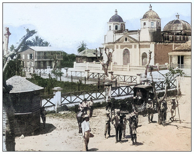 古色古香的黑白照片:波多黎各圣伊莎贝尔的广场和教堂