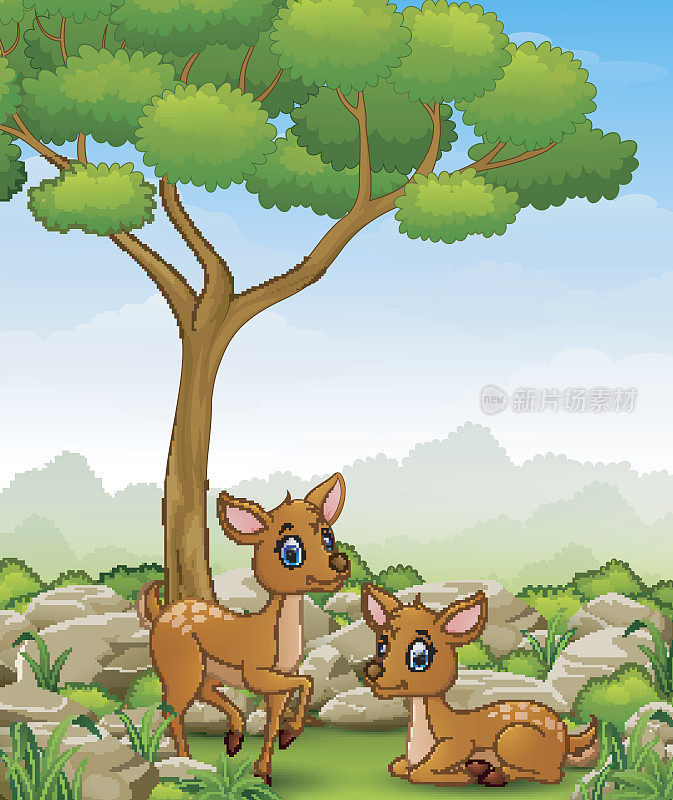 卡通中的两只鹿在丛林中