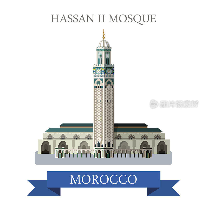 摩洛哥的哈桑二世清真寺。平面卡通风格的历史景点展示景点网站矢量插图。世界各国城市度假旅游观光非洲收藏。