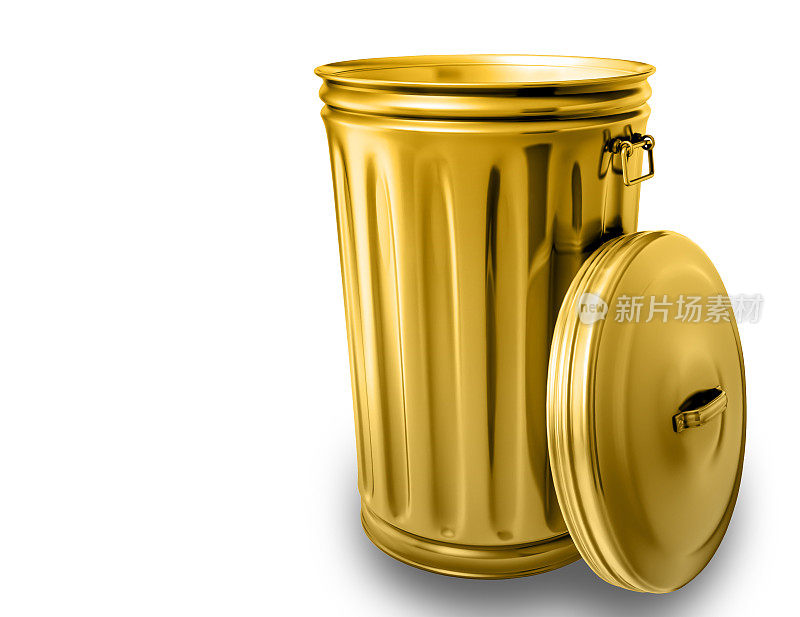 一个金色打开的垃圾桶的3d渲染孤立的白色背景