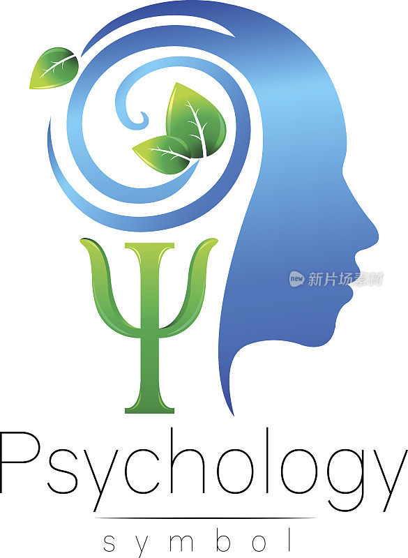 现代心理学的头标志。人类。绿色的树叶。信Psi。符号向量。设计理念。品牌公司。蓝色孤立在白色背景上。网络图标
