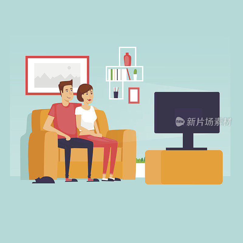 一对夫妇坐在沙发上看电视。平面设计矢量插图。