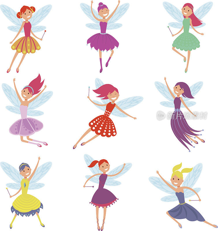 飞行仙女女孩与角翅膀向量人物设置