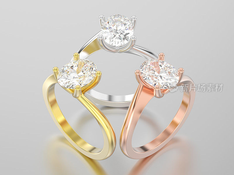 3D插图三黄，玫瑰和白色金或银订婚幻觉扭曲戒指与钻石