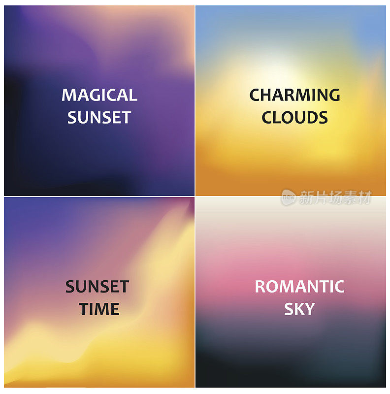 四组模糊背景。神奇的日落，迷人的云彩，日落时间和浪漫的天空