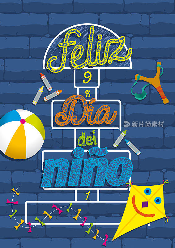 字母-西班牙语儿童节快乐-在蓝色石头地板上的跳房子上用不同颜色的字母和风筝，蜡笔和球