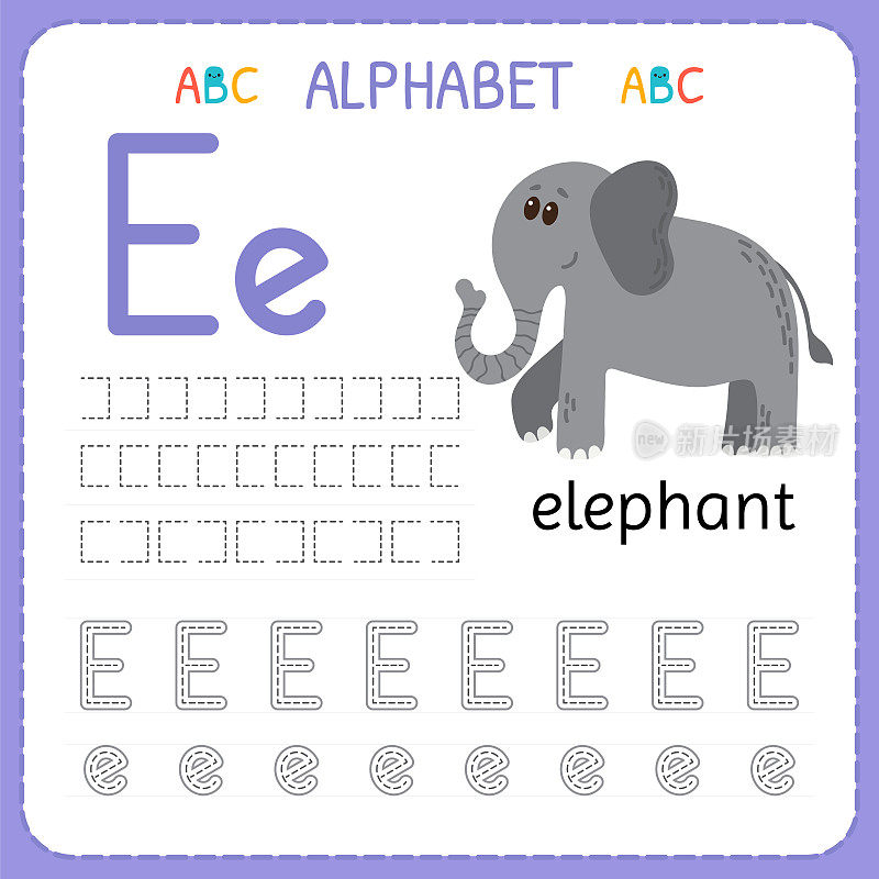 学龄前和幼儿园的字母追踪工作表。写练习字母e的儿童练习