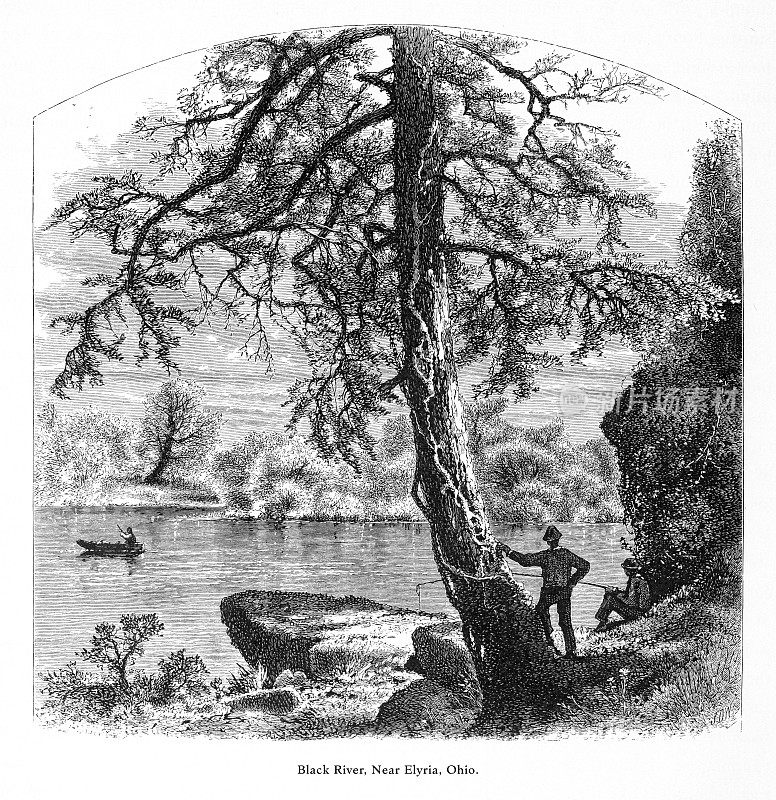 美国俄亥俄州伊利里亚附近的黑河，美国维多利亚版画，1872年