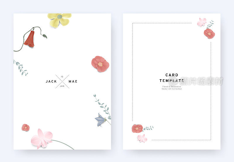 极简主义花卉婚礼邀请卡模板设计，大戟，石斛，兰花，桔梗和叶子与阴影在白色背景，柔和的复古主题