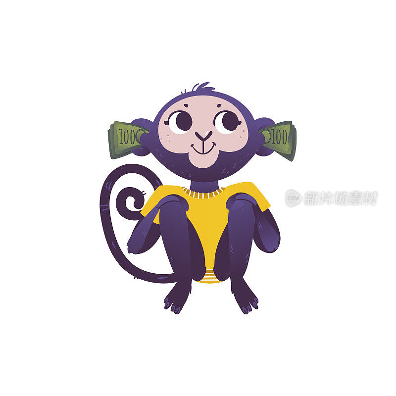 矢量插图的猴子听不见，因为成堆的钞票在他的耳朵里。